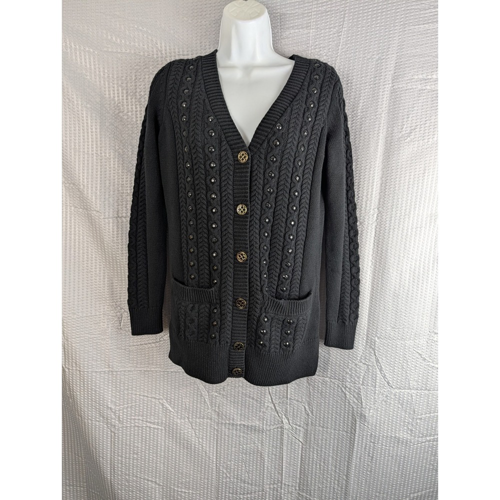C Wonder Black Cable Knit Studded Cardigan Sweater XXS Gold Buttons Pockets